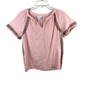 J. Jill Top Womens Small Pink V Neck Embroidered Short Sleeve Linen Blend Boho